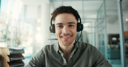 Portrait, headset and call center with business man in office for virtual advisor, help desk and...