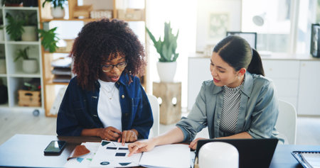 Collaboration, document and business women with discussion for brand proposal, idea or advertising....