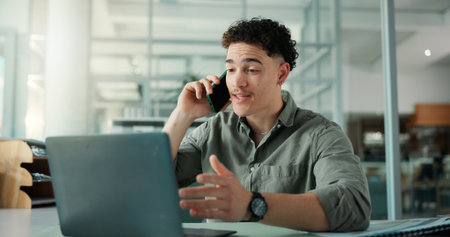 Laptop, business man and phone call in company for insurance offer, coverage email or negotiation. Mobile, broker and talk to client with computer for communication, explain policy or claims processの写真素材