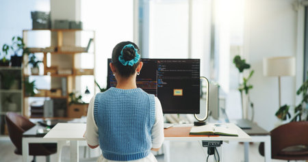 Coding, back or woman in office with desktop, system update or testing in sustainability analytics....