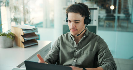 Headset, talking or man with laptop for video call, virtual meeting or financial feedback for client. Account strategy, tech or advisor with investment recommendation, online consultation or officeの写真素材