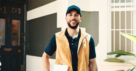 Portrait, delivery man or happy with clipboard at house for distribution, transport service or...