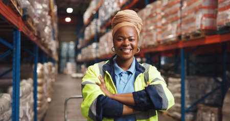 Portrait, black woman and arms crossed for logistics in warehouse with career pride, quality control and freight. Person, happy and about us for storage inspection, supply chain and shipping servicesの写真素材