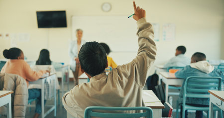 Learning, raised hands and answer with children in classroom for student opinion, quiz discussion and attention. Course guidance, question and problem solving solution with kids in school for lessonの写真素材