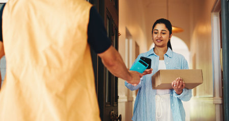 Woman, delivery and phone with pos machine, box or payment for ecommerce or online order in home....