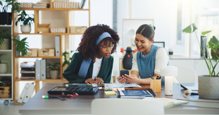 Phone, solar business and women in office for research on eco friendly development in collaboration. Discussion, plan and female environmental employees with cellphone for photovoltaic information.の写真素材