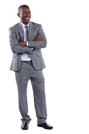Thinking, business and black man in studio with space for financial advisor, solution and problem solving. Crossed arms, corporate and person with confidence, thoughtful and idea on white backgroundの写真素材