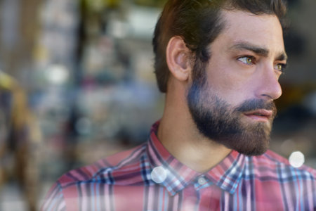 Reflection, thinking and business man with idea, creative insight or professional mindset. Planning, brainstorming and serious worker with inspiration, problem solving and writer in startup officeの写真素材