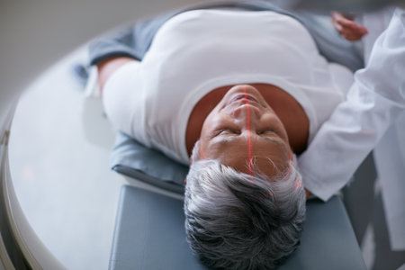 Diagnosis, healthcare and MRI with senior patient in hospital for assessment or brain anatomy. Appointment, CT scan and medical with old woman in machine at clinic for neurological exam or functionの写真素材