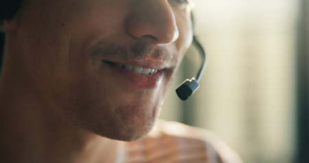 Remote work, headset and mouth of agent for telemarketing, outbound call and lead generation for...