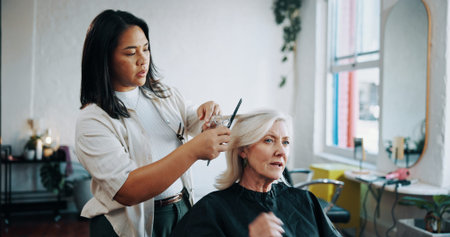 Mature woman, hairdresser and scissors with talk at salon, hairstyle and decision for change....