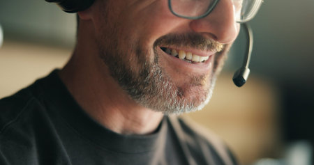Remote work, headset and mouth in home for telemarketing, outbound call and lead generation for...