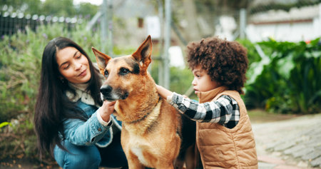 Animal shelter, mom and kid with dog outdoor for adoption, foster care and bonding. Kennel, sanctuary and mother, boy and German Shepard for rescue, pet ownership and happy at volunteer centerの写真素材