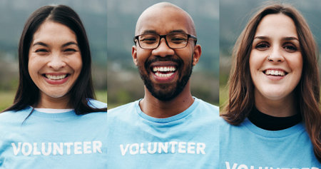 Portrait, volunteering and collage for community service, pride and support for recycling. NGO,...