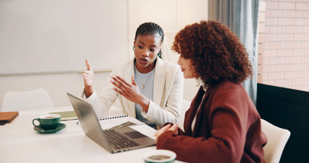 Laptop, discussion or women with meeting for review, monitor investment return or income project...