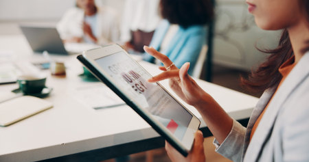 Tablet, screen and hands in business meeting for planning, reading article or company development...