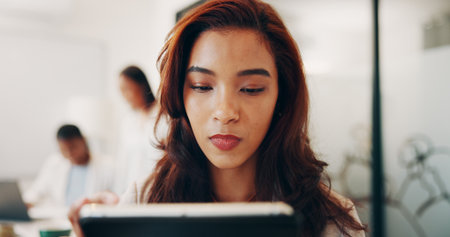 Tablet, professional and businesswoman in office with research for finance report with budget. Technology, reading and female financial advisor with investment proposal for client in workplace.の写真素材