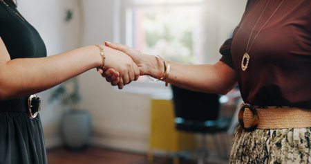 Women, handshake and hairdresser in small business, recruitment or career opportunity in salon. People, employer and shaking hands with candidate for hiring, onboarding or thank you in beauty parlorの写真素材