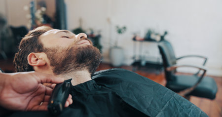 Beard, barber and man with customer in chair for grooming, haircut and trim for hairdresser service. Hair salon, appointment and people with tools for styling, wellness and treatment in barbershopの写真素材