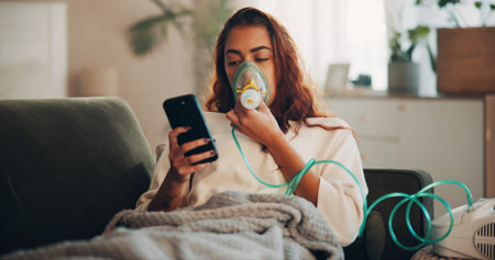 Asthma, mobile or woman with nebulizer mask for medicine, respiratory disease or check social media....