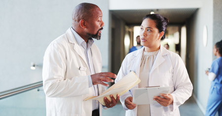 Doctors, discussion and people with healthcare, documents and teamwork with research. Medical...