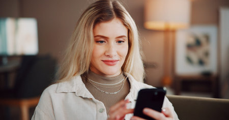 Phone, happy and woman in home for communication, email or networking on mobile app in living room....