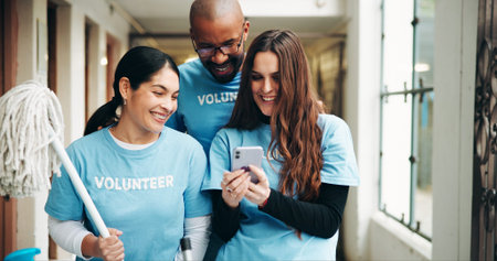Shelter, volunteer and people with phone for cleaning, hygiene and help. Teamwork, website and man...