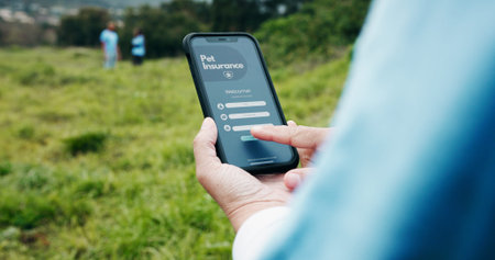 Hands, phone screen and person with pet insurance app, account creation or login for registration....