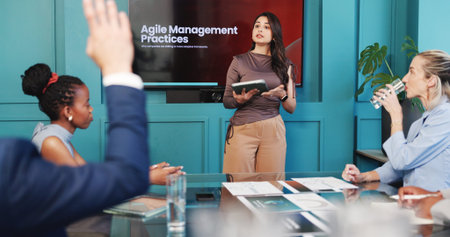 Question, presentation and woman with business people in office on tablet for agile management...