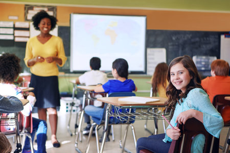 Portrait, education and learning with girl in classroom for child development, future and smile....