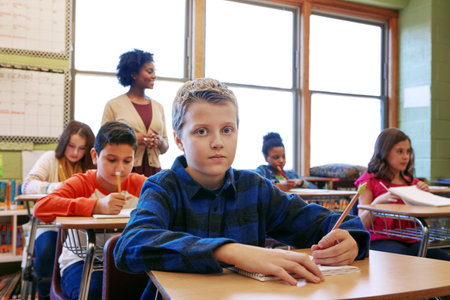 Portrait, boy student and learning in classroom with pencil for knowledge, education and assignment. Child, classmates and teacher in school with notebook for workbook activity, assessment or lesson.の写真素材