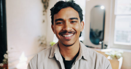 Business, happy and portrait of barber in salon with confidence for cosmetology career with pride....