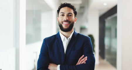 Portrait, businessman and happy with arms crossed, office and confident for career growth in...