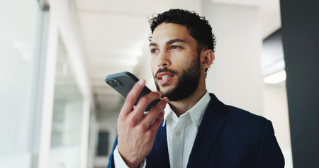 Speaker, voice note and business man with phone in office for communication, recording and contact....