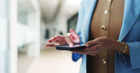 Employee, scroll and hands with smartphone, office and financial analysis on web, research and info....