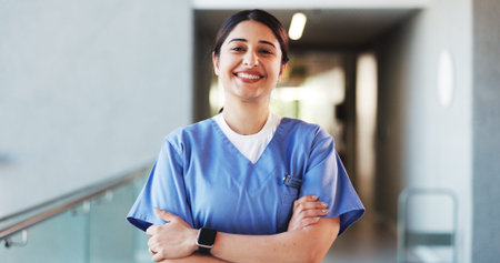 Nurse, healthcare and woman with arms crossed, portrait and professional with career ambition....