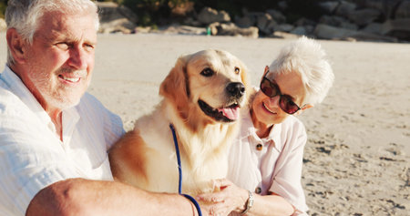 Beach, happy and senior couple with dog for relax, adventure and bonding in morning. Marriage,...