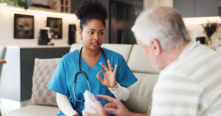 Dosage, explain or medicine with nurse and old man on sofa in living room of home for healthcare. Container, hand gesture or pill organizer with caregiver and senior patient in apartment for feedbackの写真素材