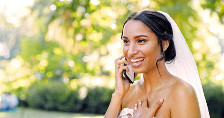Phone call, wedding bride and woman laugh outdoor for funny joke, communication and bokeh. Mobile,...