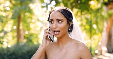 Phone call, stress and woman in park with wedding day, argument and angry with bad news. Marriage,...