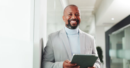 Business, tablet and portrait of black man with tablet for finance report, investor and career....