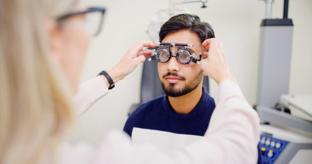 Optometrist, man or trial lens frame for eye exam, vision assessment or consultation for clear...