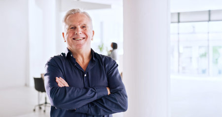 Realtor, portrait or man in office with arms crossed, pride or career as property seller. Smile,...