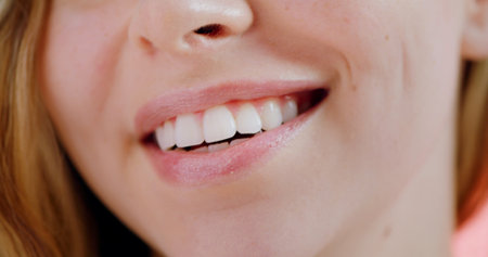 Dental, smile and clean with mouth of woman for oral hygiene, self care and veneers. Orthodontics, happy and teeth whitening with closeup of female person for gum, aesthetic and fresh breathの写真素材