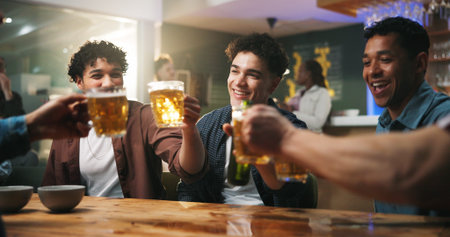 Smile, friends and toast with alcohol at bar for reunion, connection and weekend break. Group,...