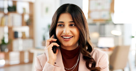 Media agency, phone call and woman in workplace, smile and online interview with communication....