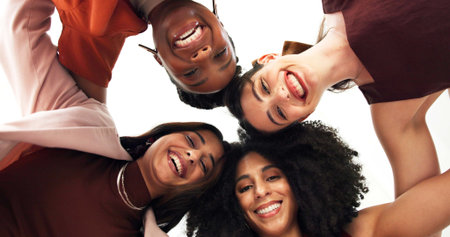 Below, huddle and portrait of business women for teamwork, support and collaboration. Professional,...