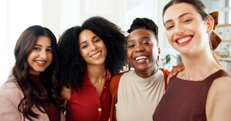 Media agency, selfie and women in office, smile and profile picture with about us. Portrait, people...
