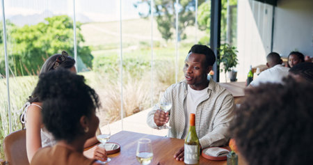 Restaurant, friends or man with wine glass for dinner, fine dining experience or conversation for...