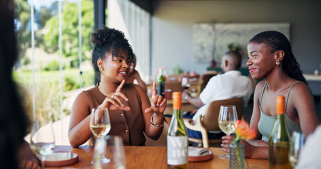 Talking, women and friends in restaurant with wine for social gathering, gossip and bonding...